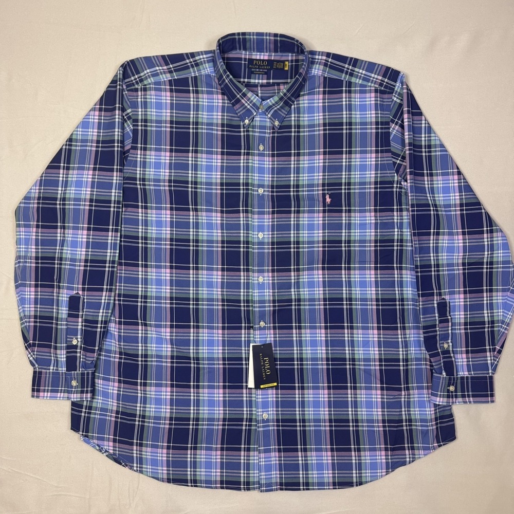 Polo Ralph Lauren Men's 3XB Performance Plaid Oxford Navy Pink NWT